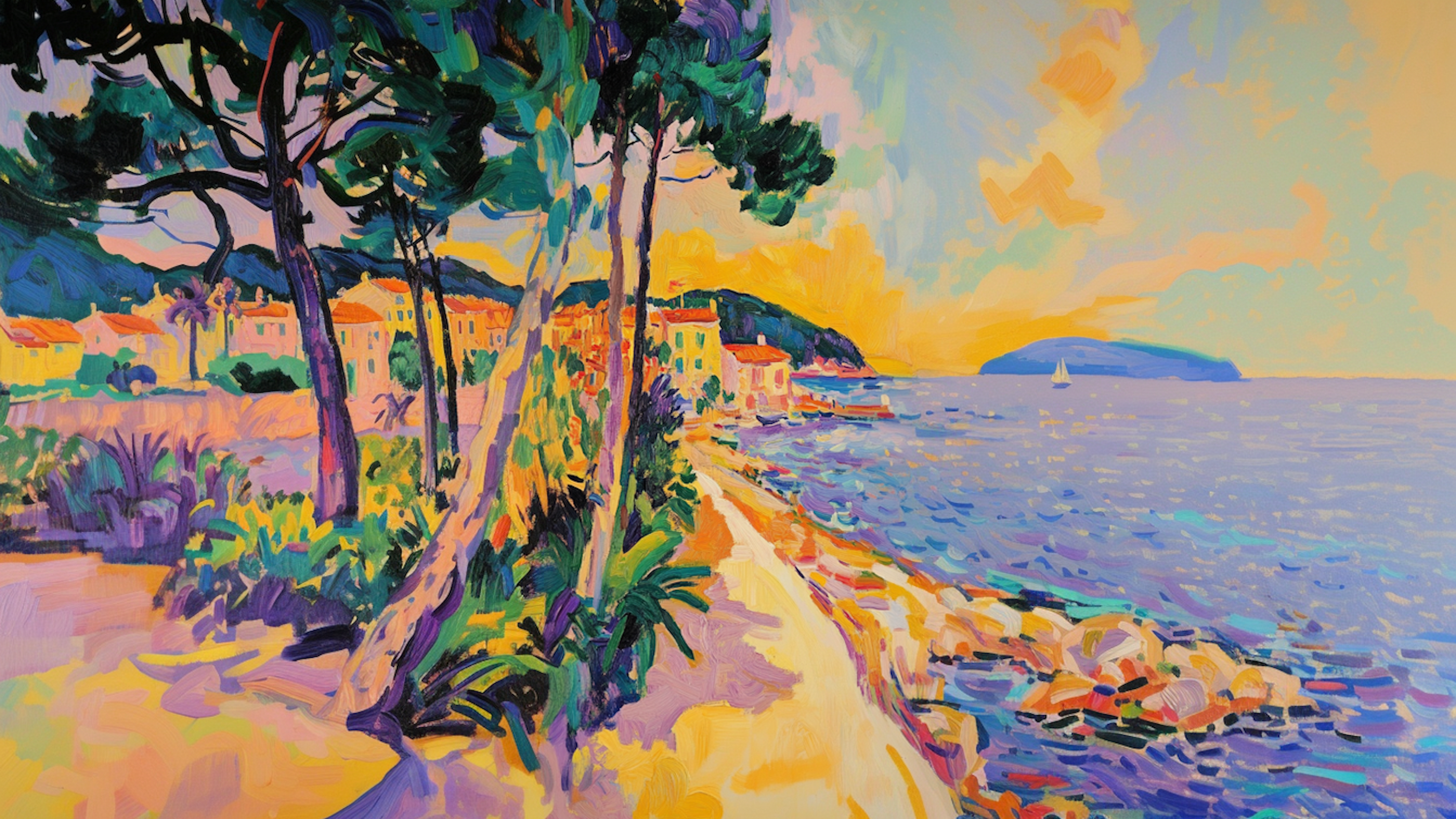 Vibrant seaside trail at golden hour with colorful Mediterranean tones displayed on Samsung Frame TV.