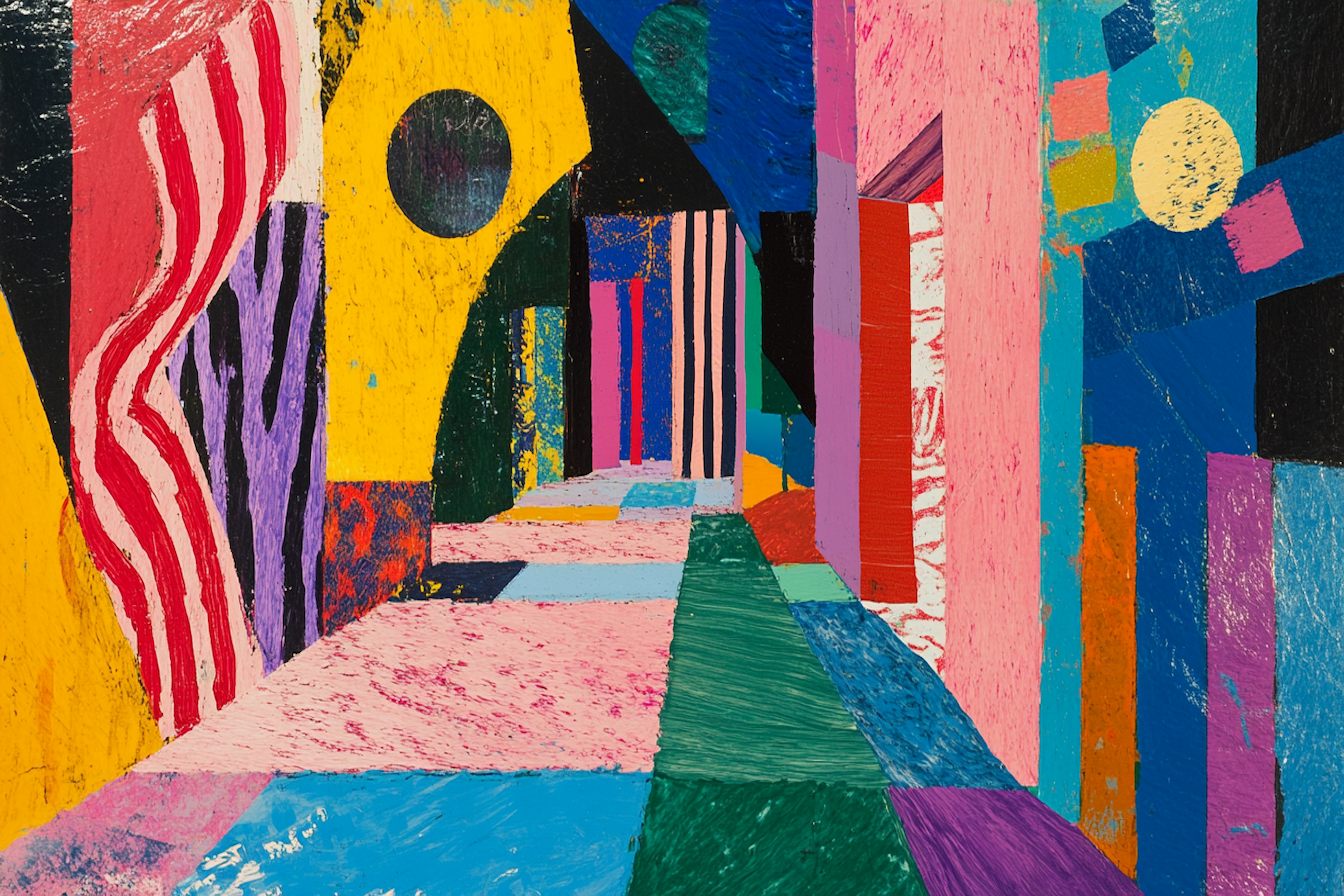 Vibrant stripes leading through modernist space – Hockney-inspired dynamic abstraction for Samsung Frame TV