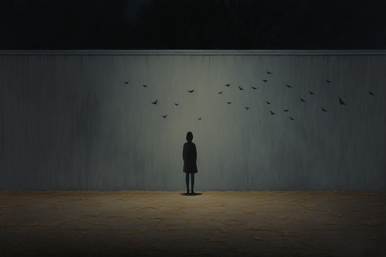 Birds taking flight around solitary figure in ethereal light – contemplative minimalist digital artwork for Samsung Frame TV