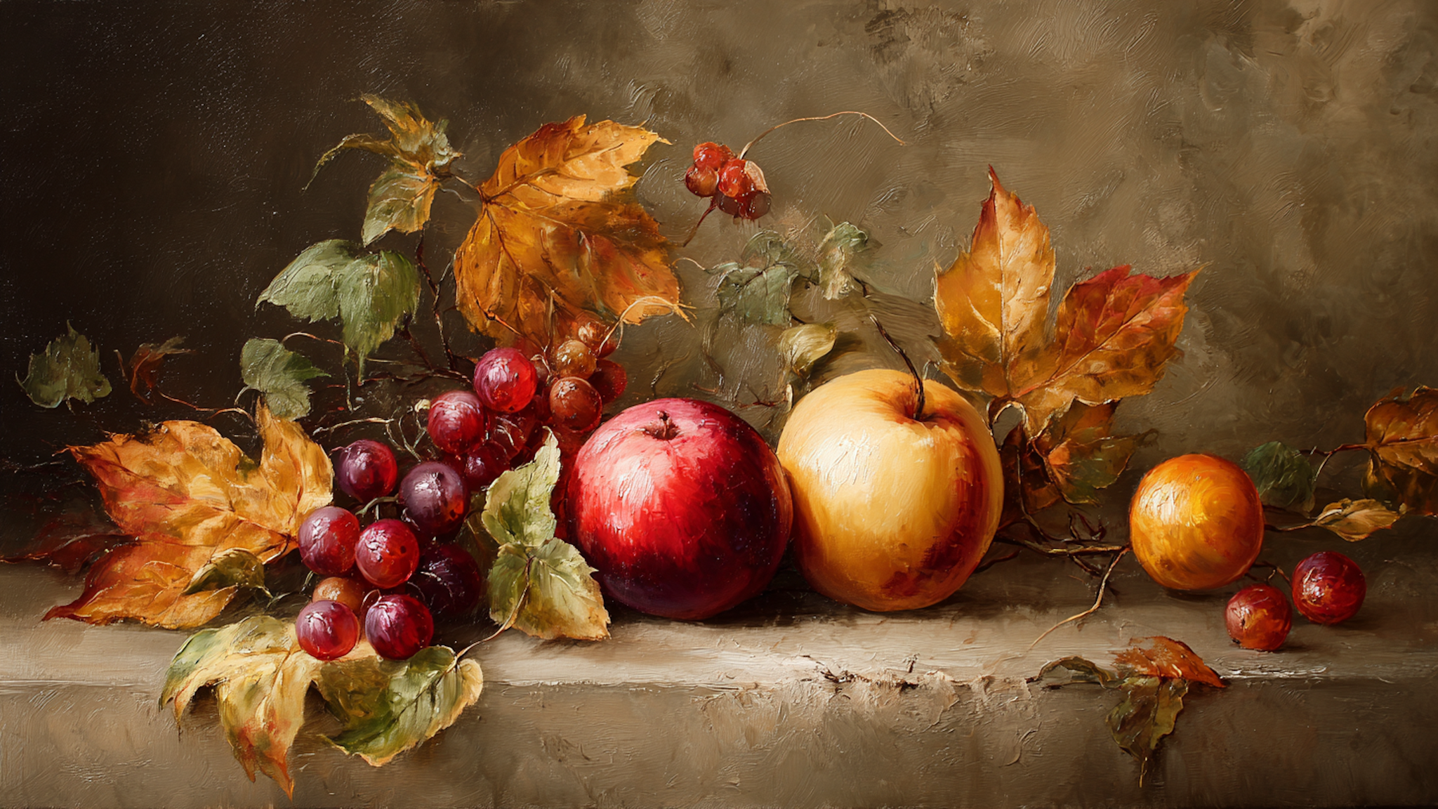 Harvest Abundance autumn still life art displayed on Samsung Frame TV - 4K digital download featuring apples and grapes in amber and terracotta tones