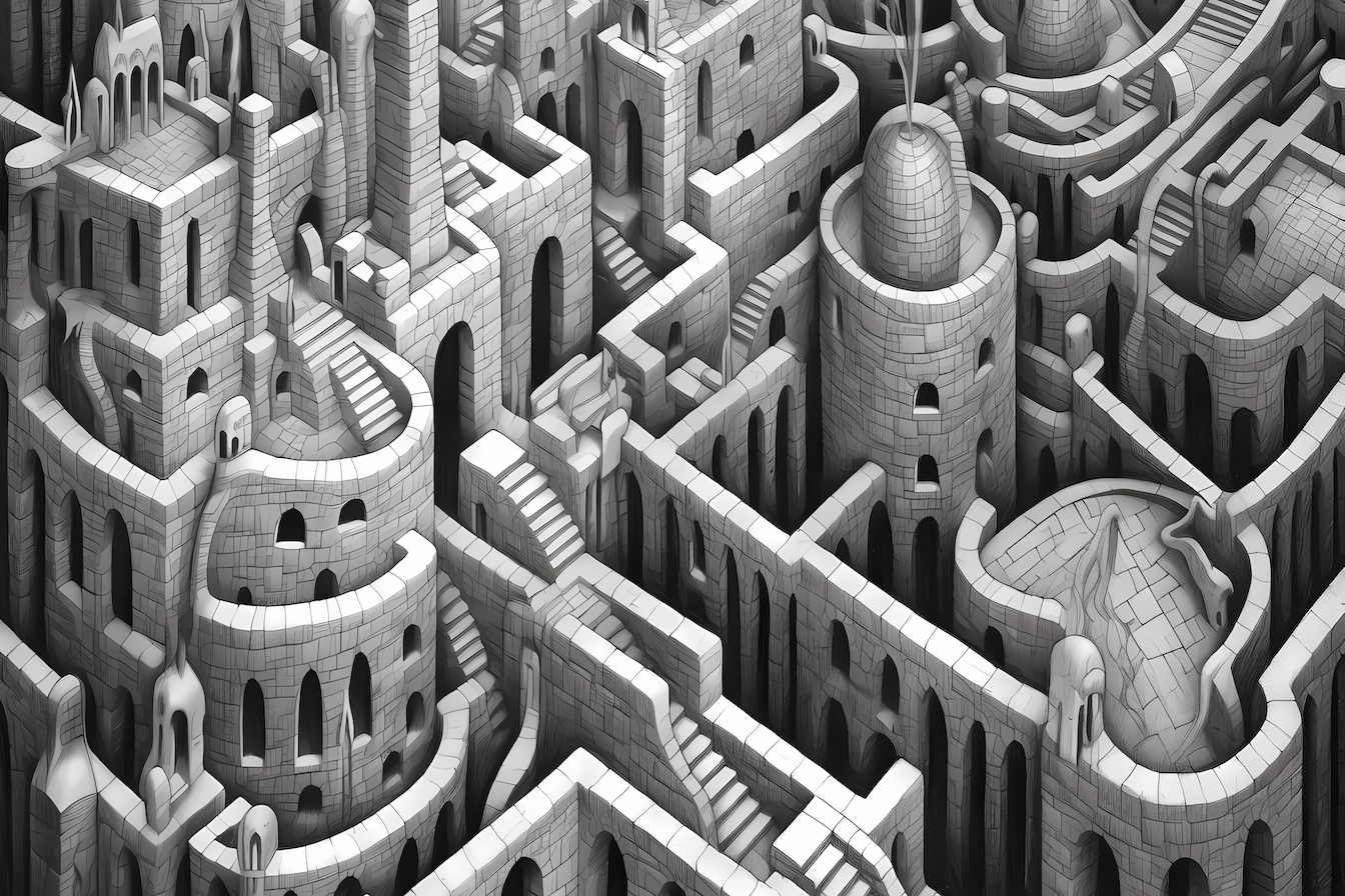 Surreal black-and-white endless maze of staircases and corridors – architectural masterpiece digital artwork for Samsung Frame TV