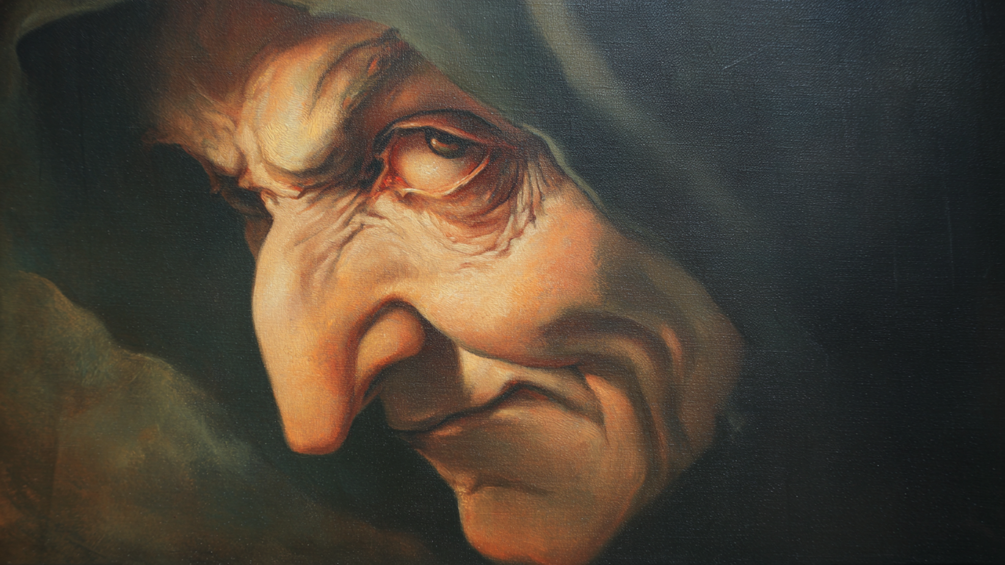 Dramatic horror portrait featuring intense facial expression with mouth open in scream, rendered in stark black and charcoal tones with theatrical chiaroscuro lighting