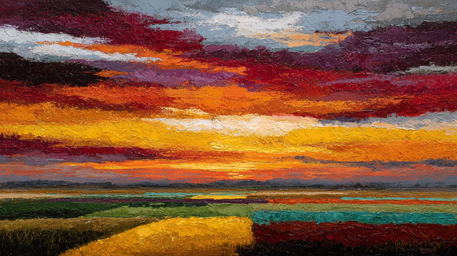 Dramatic prairie landscape with fiery sunset sky in crimson red, orange and amber tones with textured brushwork – digital art for Samsung Frame TV