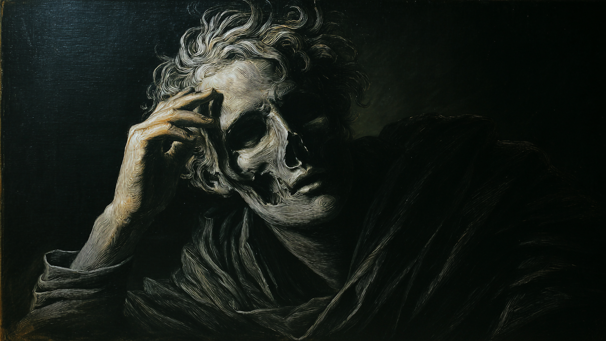 Shadow Philosopher dark portrait art displayed on Samsung Frame TV - 4K digital download featuring contemplative figure in ink and charcoal monochrome tones