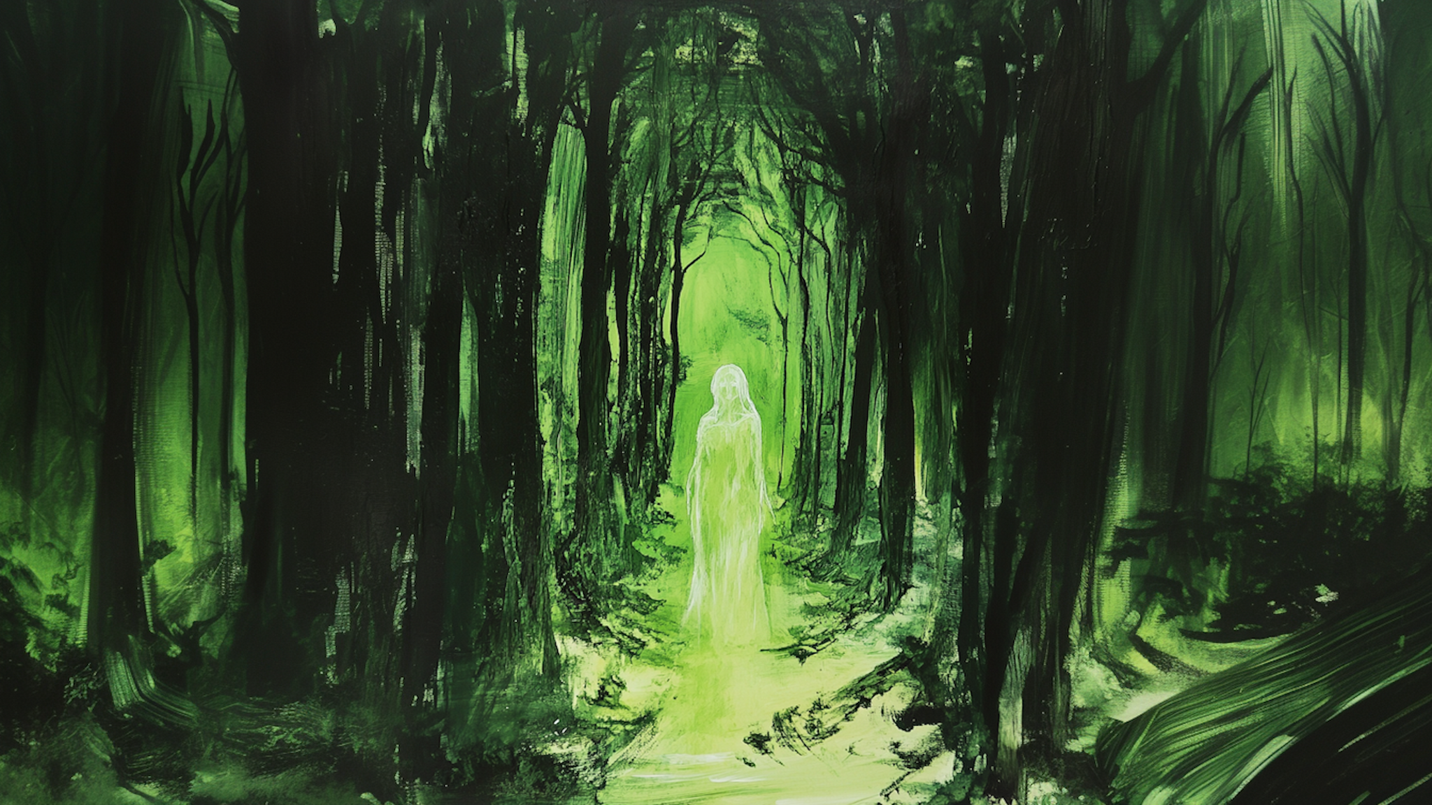 Glowing figure haunting lush green forest – atmospheric and mythical 4K digital artwork for Samsung Frame TV