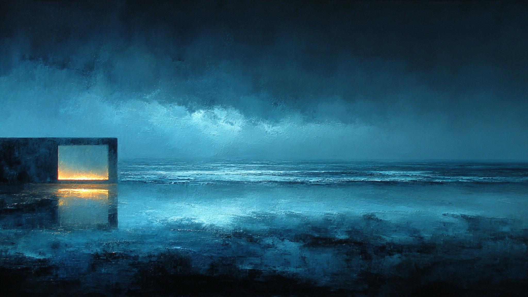 Tranquil Threshold seascape art displayed on Samsung Frame TV - 4K digital download featuring ocean and sky blue-gray atmospheric layers with calm horizon