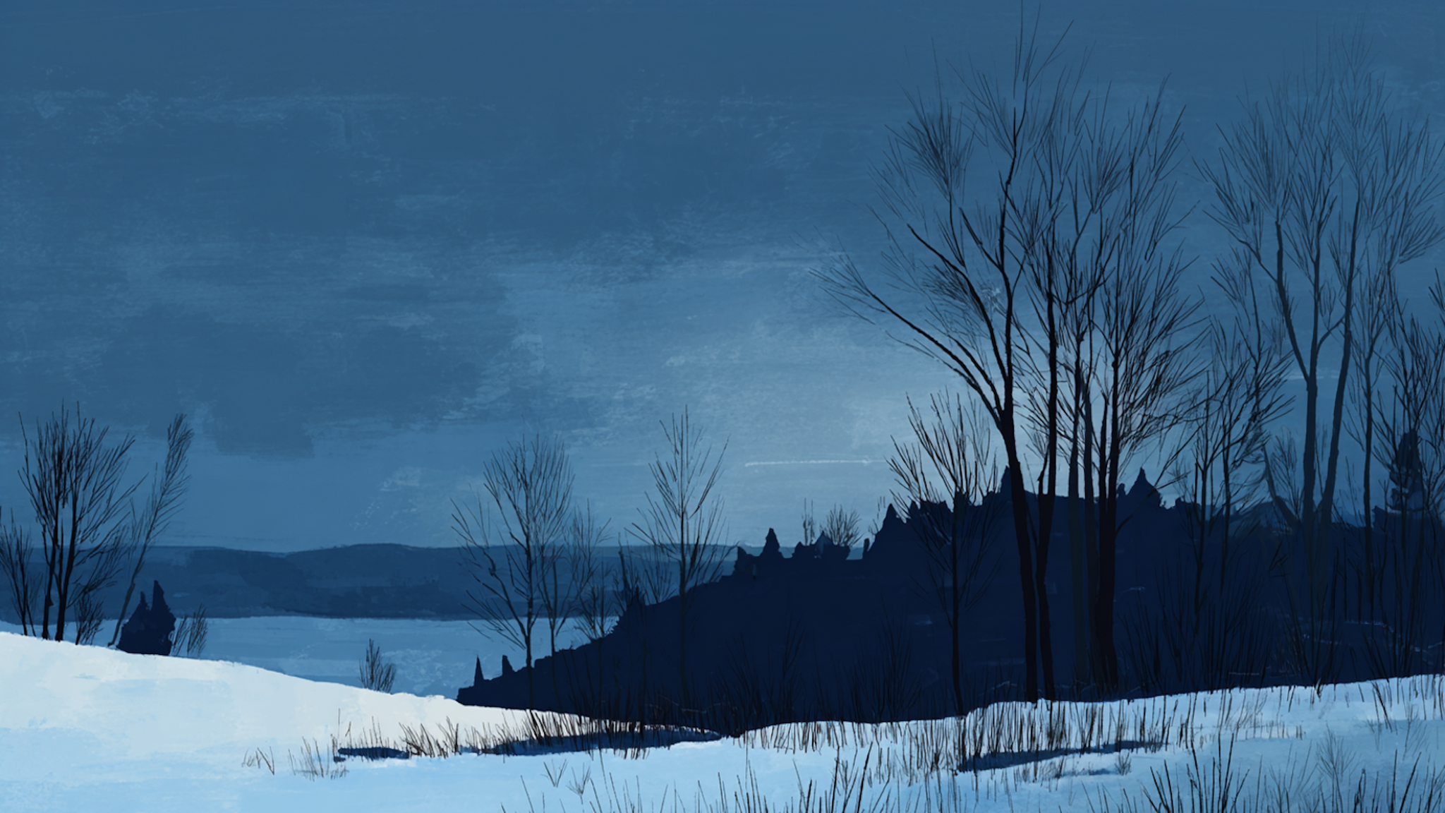 Twilight Lake Silhouette landscape art detail - winter lake scene for Samsung Frame TV and HiSense CanvasTV featuring tree silhouettes against blue twilight sky