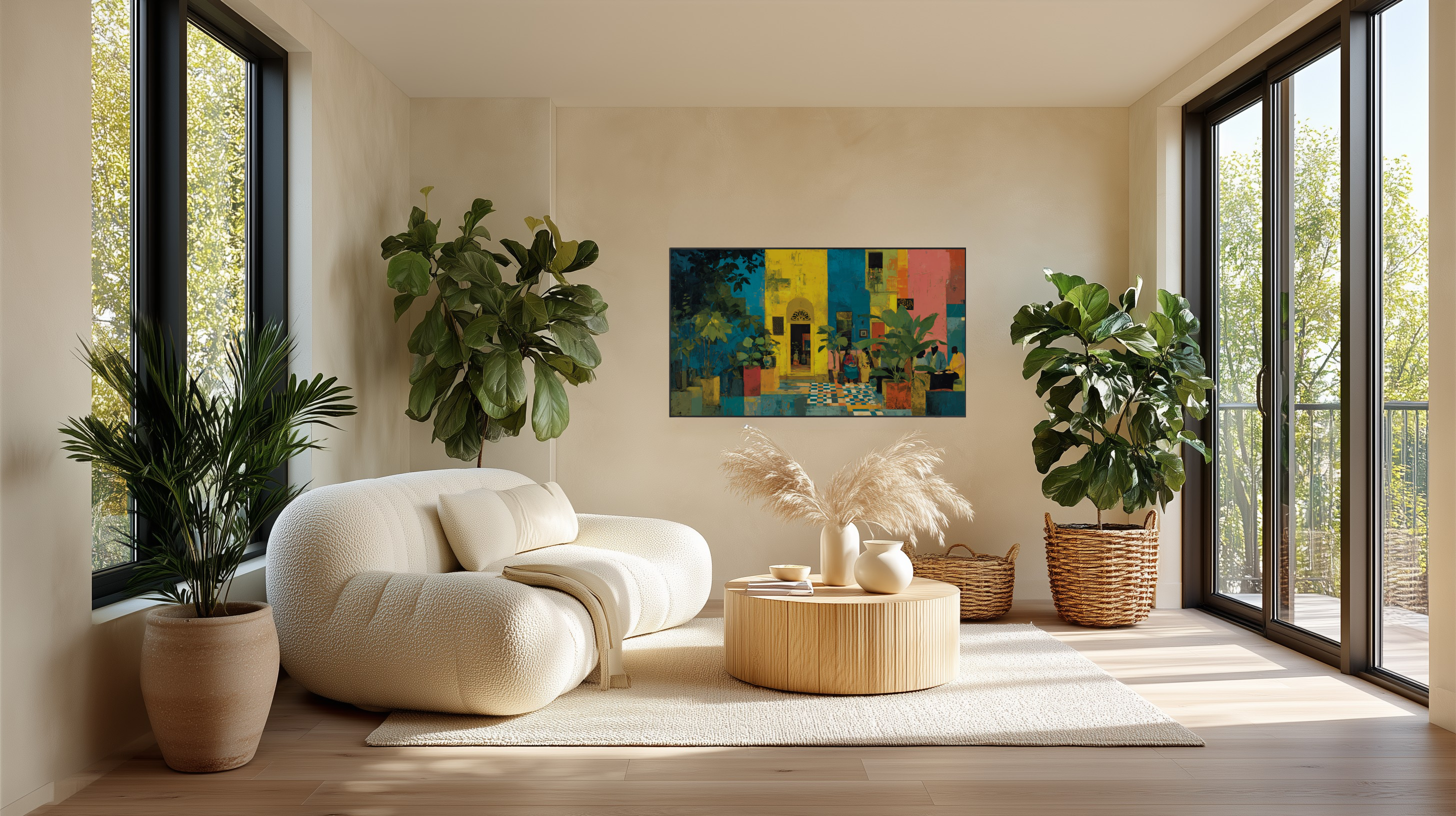 Bright spring living room with Samsung Frame TV displaying warm golden-hour digital art from the Sunlit Interiors collection