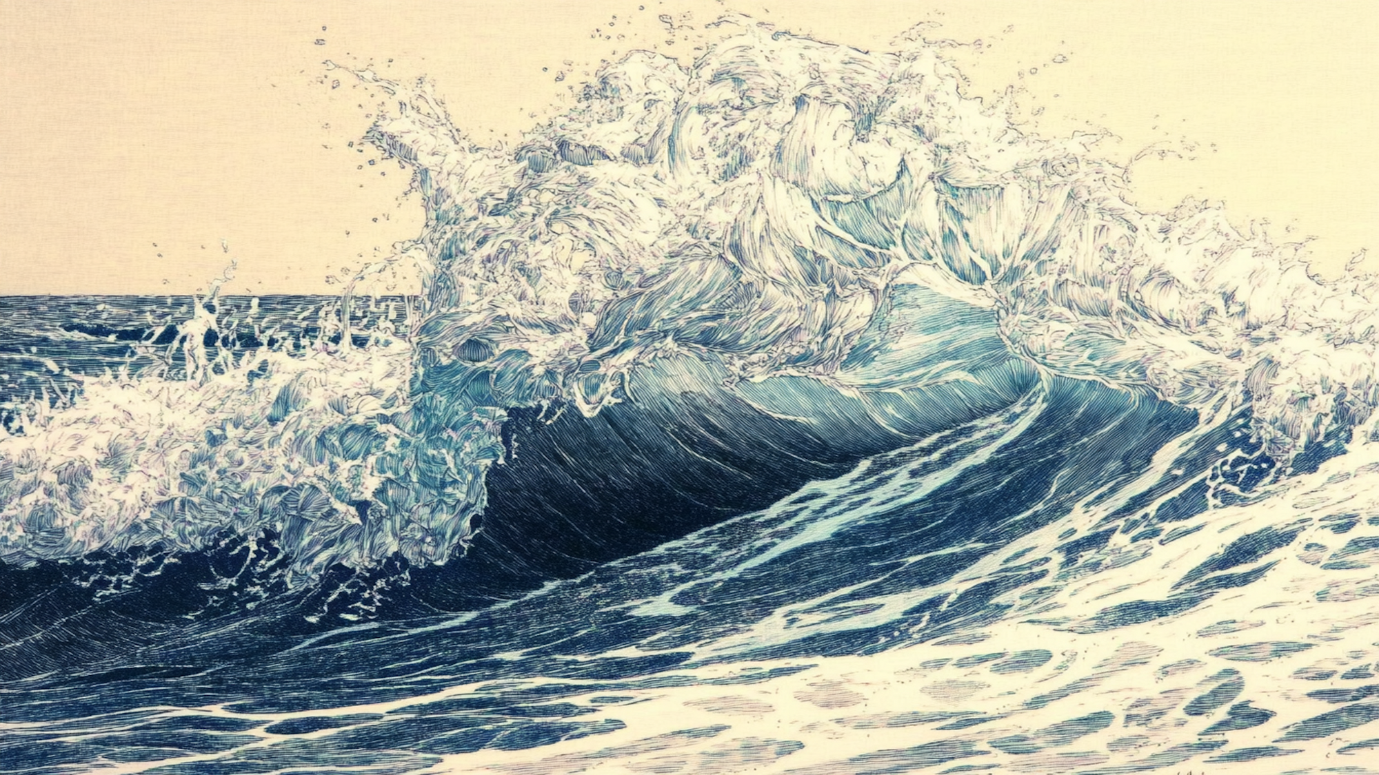 Stylized blue ocean wave in motion with vintage Japanese influence displayed on Samsung Frame TV.