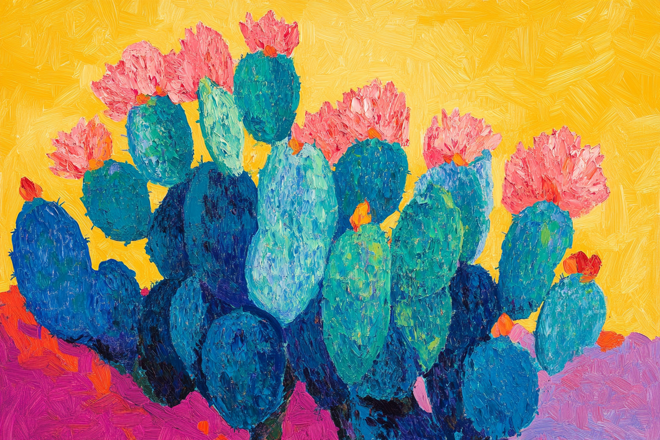 Vibrant impressionist blooming cacti with vivid blues, greens, and pinks against golden background – digital art for Samsung Frame TV