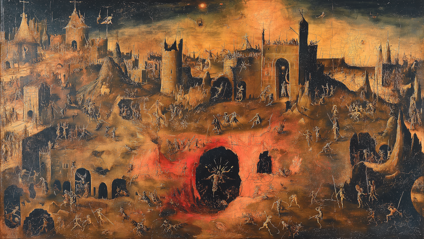 Nightmarish hellscape inspired by medieval art – dark and surreal 4K digital art for Samsung Frame TV