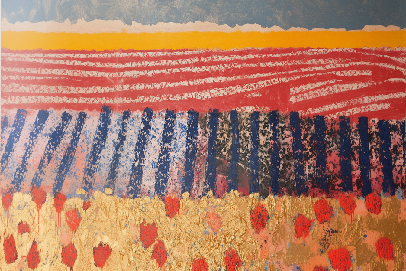 Abstract digital landscape inspired by David Hockney with warm striped horizon – 4K art for Samsung Frame TV