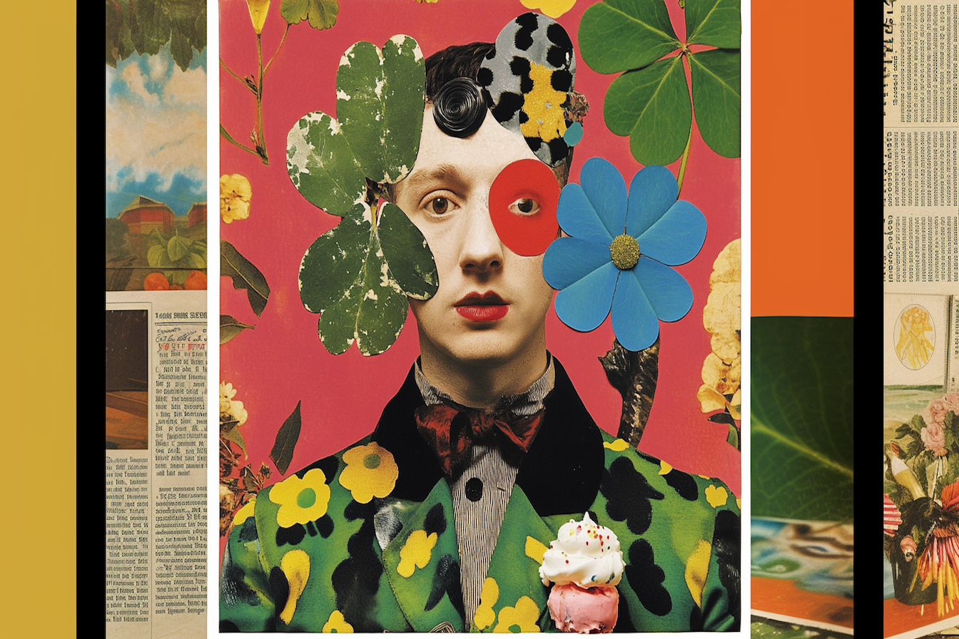 Colorful portrait inspired by Horst and D Blade in rococo collage style – vibrant 4K digital art for Samsung Frame TV