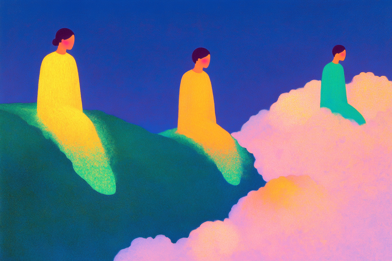 Tranquil dreamscape with three figures floating among clouds in bold fluorescent colors – digital art for Samsung Frame TV