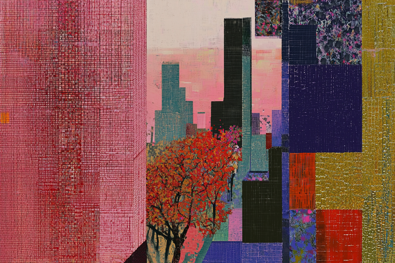 Colorful fabric textures forming unique urban landscape – cubist-pop fusion digital artwork for Samsung Frame TV