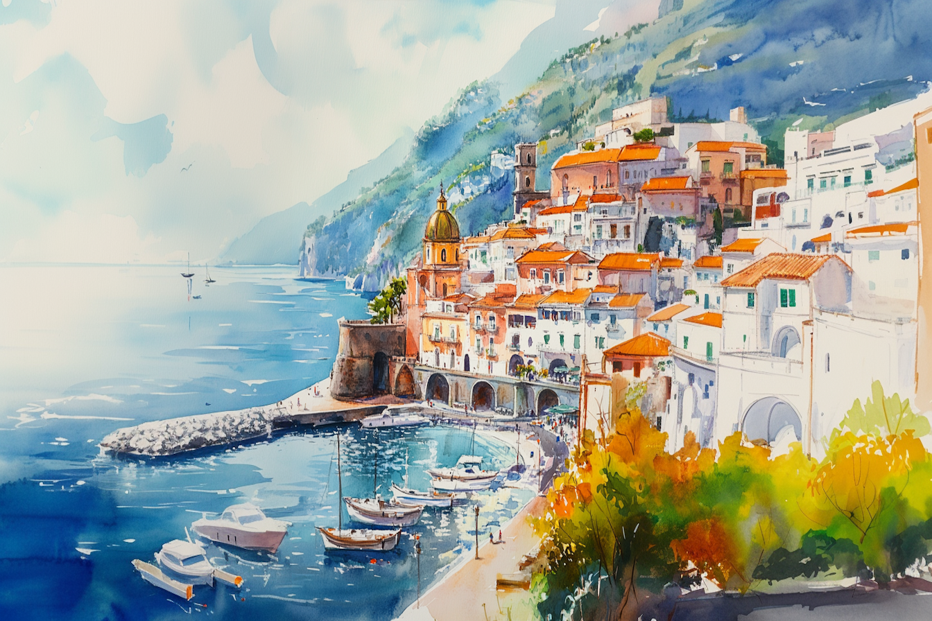 Romantic Atrani Harbor watercolor digital art for Samsung Frame TV