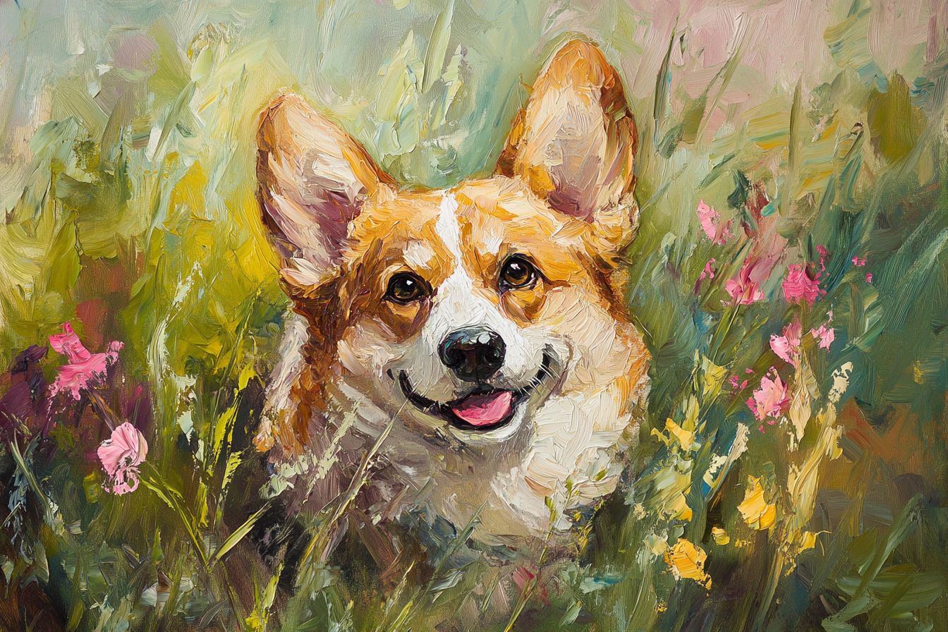 Charming corgi portrait in wildflower meadow – whimsical 4K digital art for Samsung Frame TV