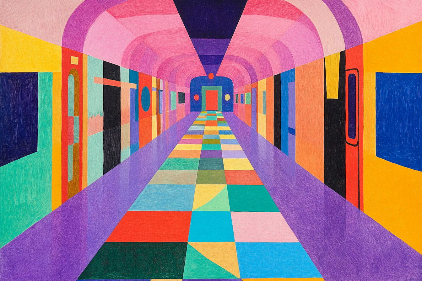 Mesmerizing geometric corridor inspired by Matisse, Hockney and Moebius – bold 4K digital artwork for Samsung Frame TV