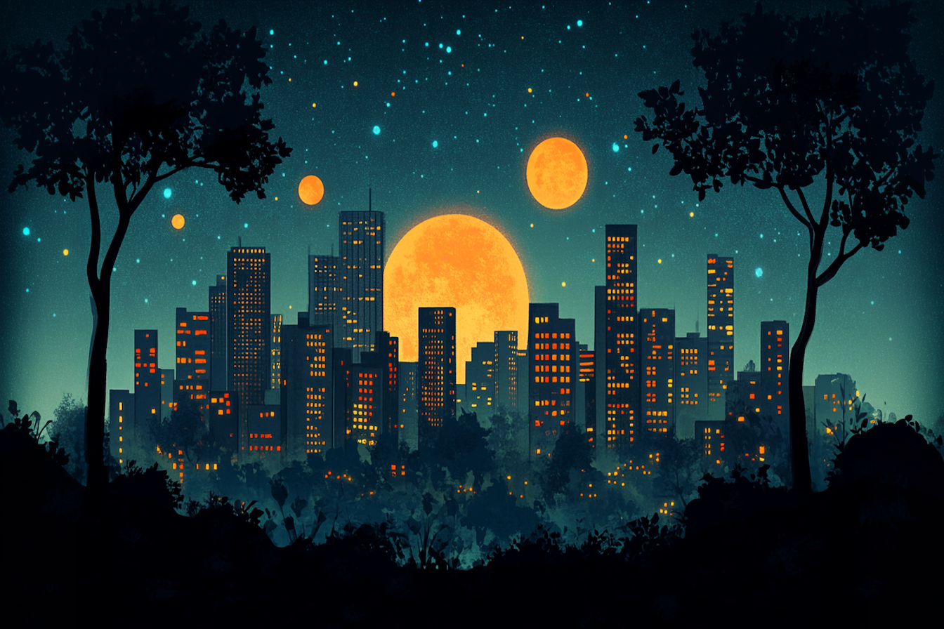 Vibrant cityscape with glowing city lights, stars, and vivid night scene – 4K digital art for Samsung Frame TV