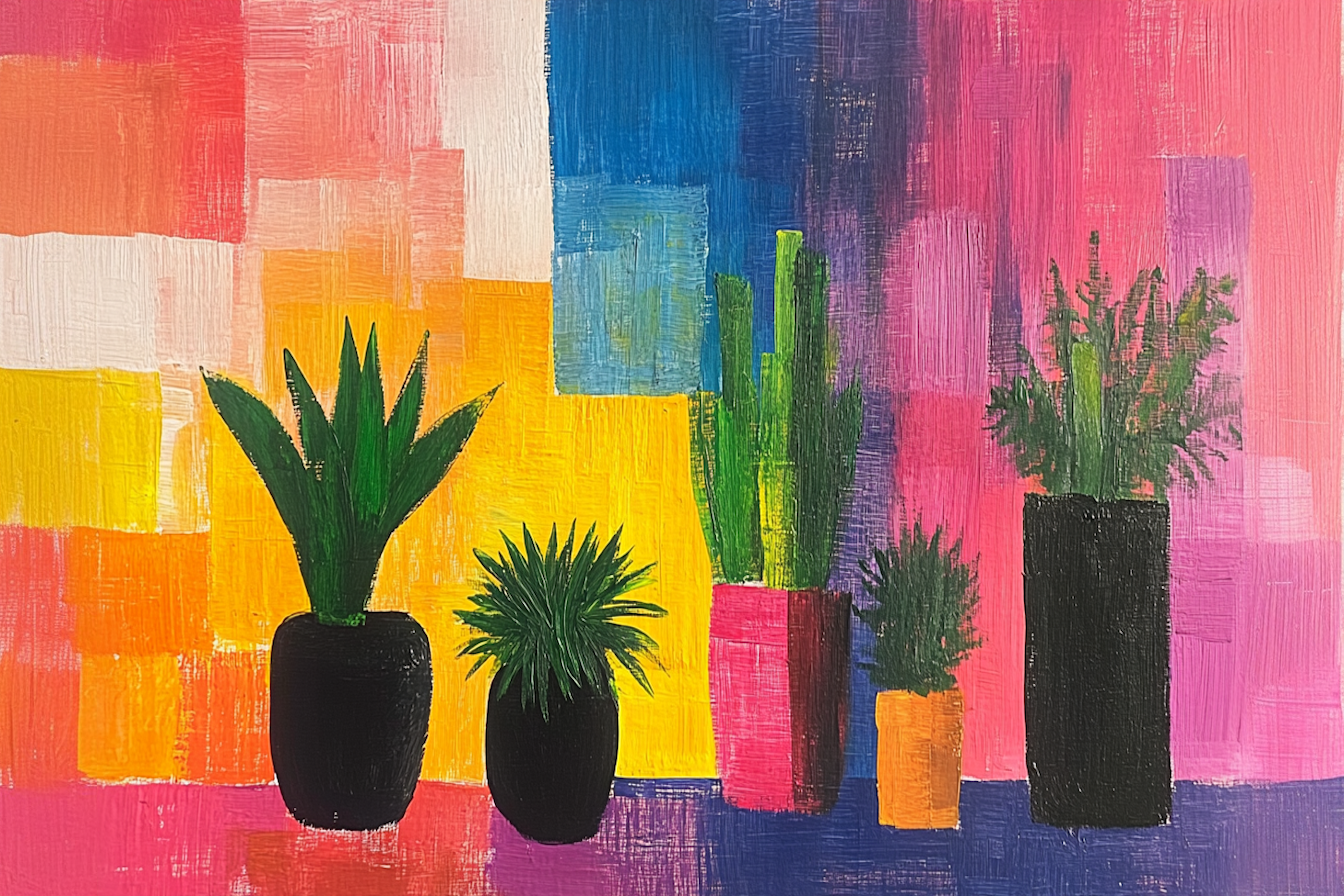 Playful plant silhouette scene bold, abstract, and bursting with color – digital art for Samsung Frame TV