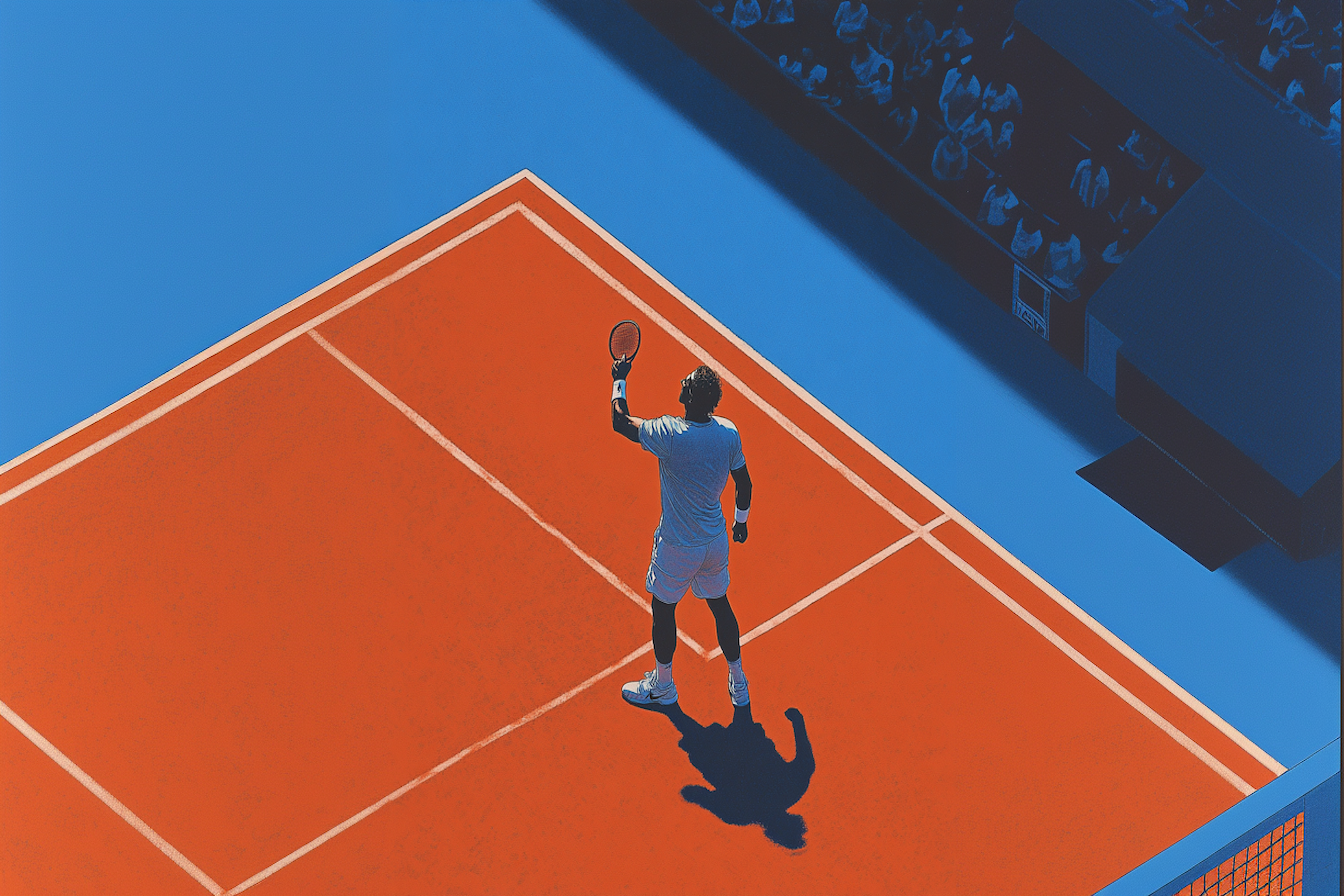 Dynamic tennis scene in editorial style with clean lines and bold colors – 4K sports-inspired art for Samsung Frame TV