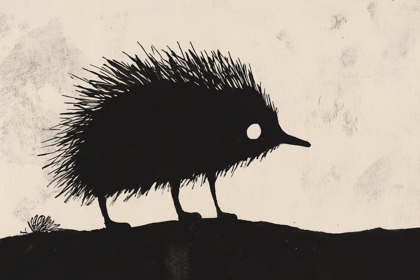 Spiky silhouette hedgehog adding whimsy and mystery – minimalist high-contrast 4K digital art for Samsung Frame TV