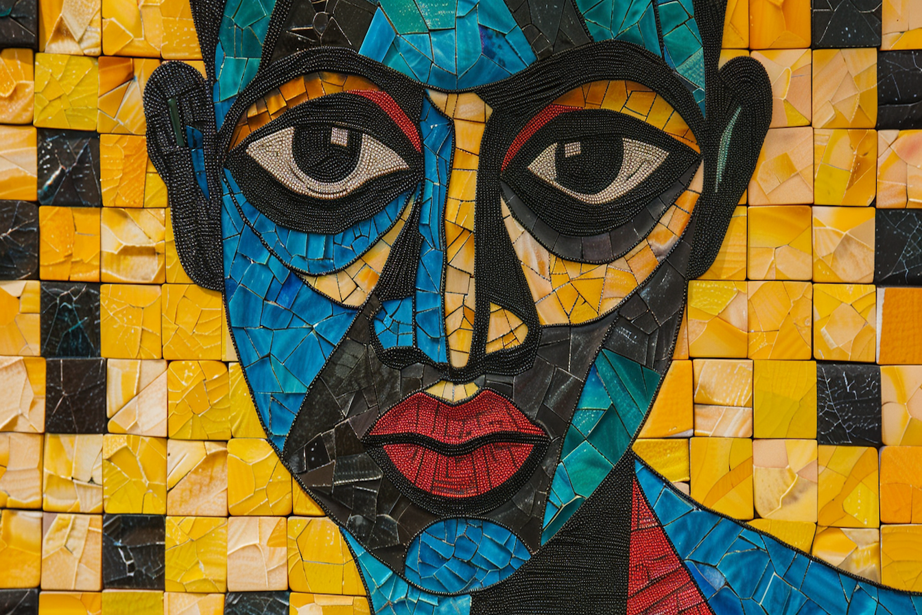 Geometric tiles forming powerful portrait in rich, bold colors – striking cubist artwork for Samsung Frame TV