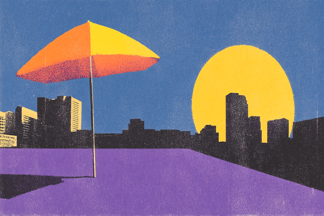 Striking retro cityscape with bold sun, deep shadows, and vibrant umbrella – pop art style for Samsung Frame TV