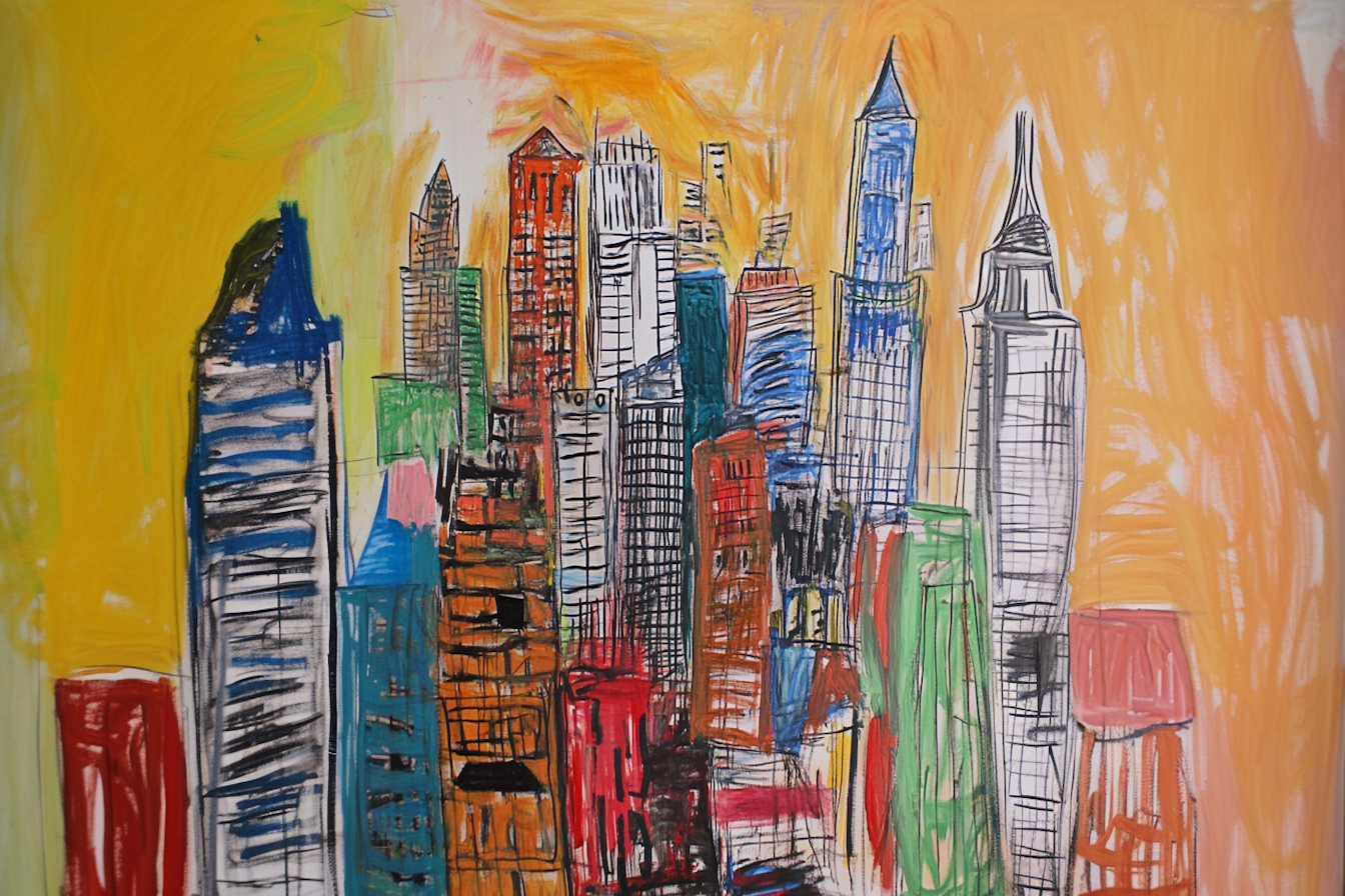 Vibrant NYC skyline in doodle style inspired by Ghada Amer and Matisse – 4K digital art for Samsung Frame TV