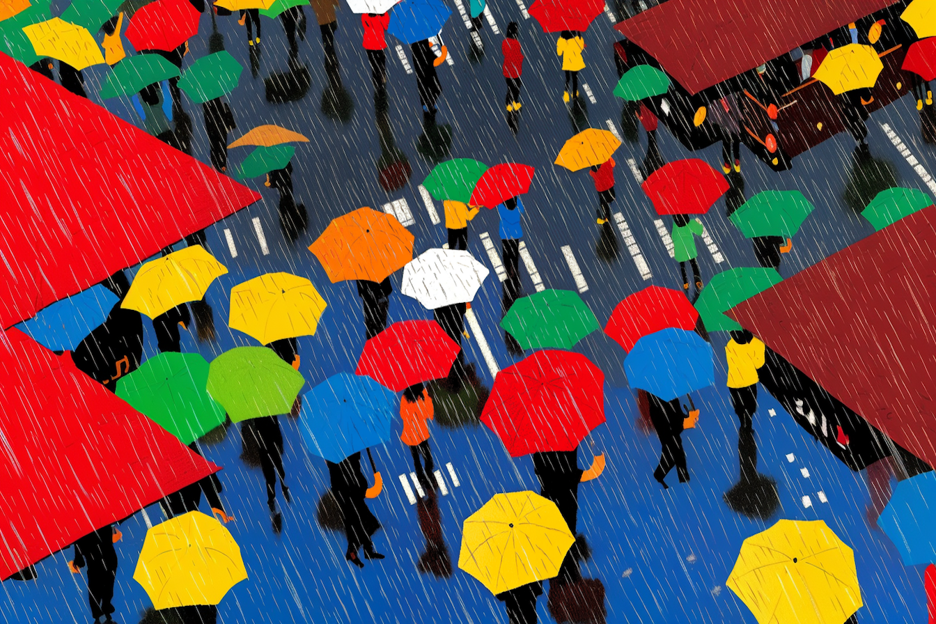 Aerial illustration of colorful umbrellas in the rain bringing city life – 4K digital art for Samsung Frame TV