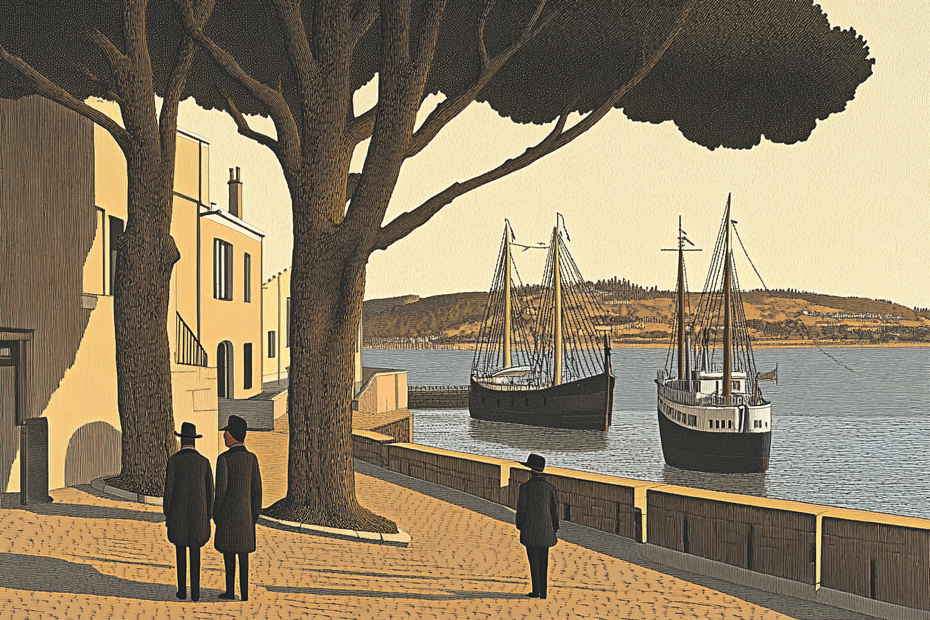 Timeless coastal scene with classic sailing ships, tree-lined walkways, and vintage architecture in sepia tones – digital art for Samsung Frame TV