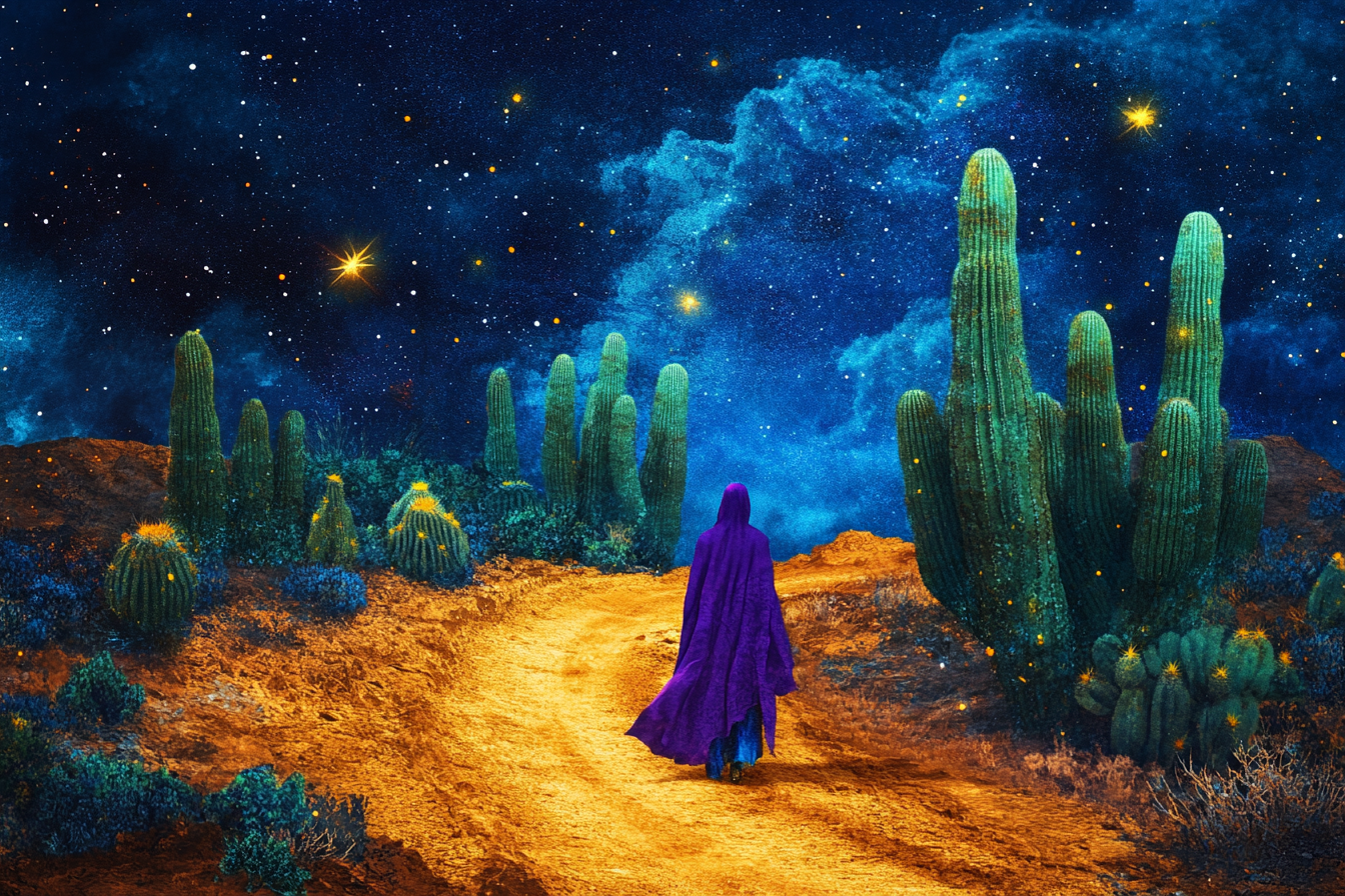 Breathtaking digital oil painting of cloaked traveler walking through desert night under stars – art for Samsung Frame TV