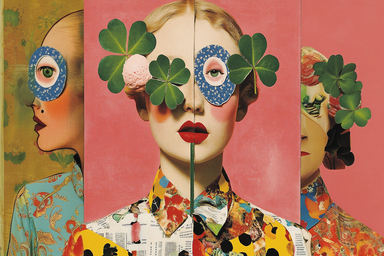 Surrealist pop collage with clover-eyed trio – bold and dreamlike 4K digital art for Samsung Frame TV