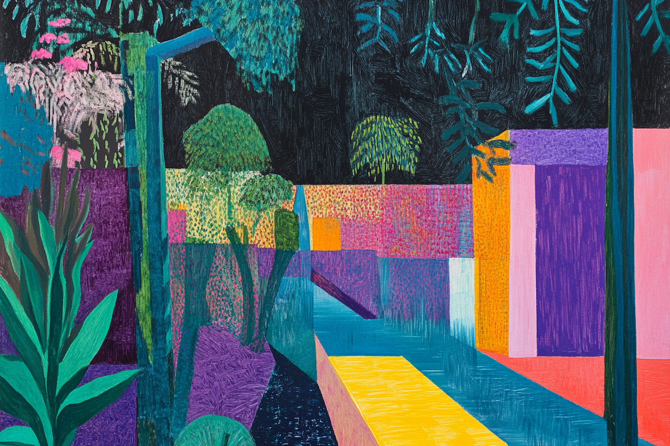 Vibrant Hockney-inspired colorful garden oasis – 4K digital artwork for Samsung Frame TV