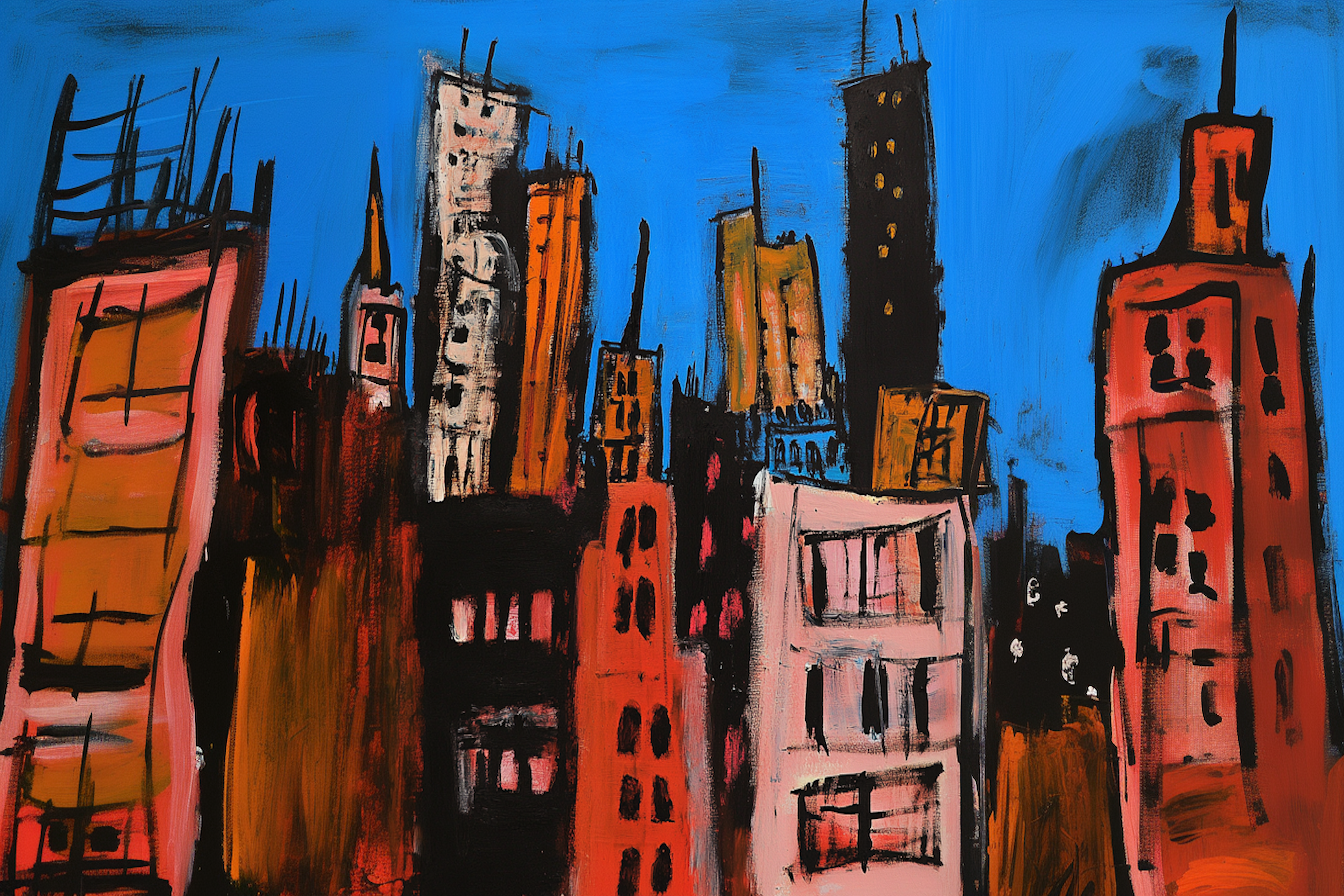 Expressive cityscape inspired by Rivera and Matisse with rich colors and texture – 4K digital art for Samsung Frame TV