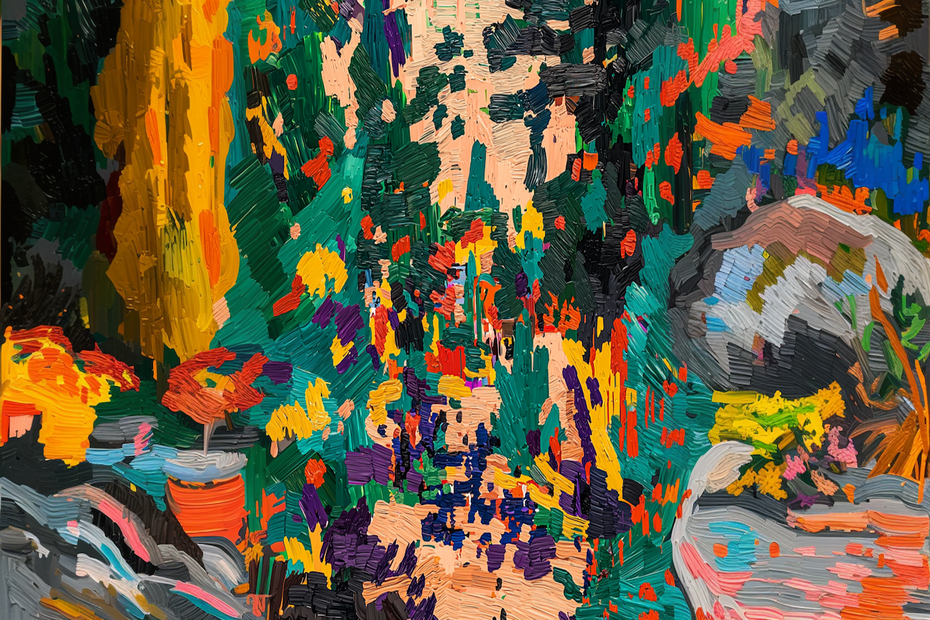 Bold forest pathway in vibrant expressionist colors – high-resolution digital art for Samsung Frame TV