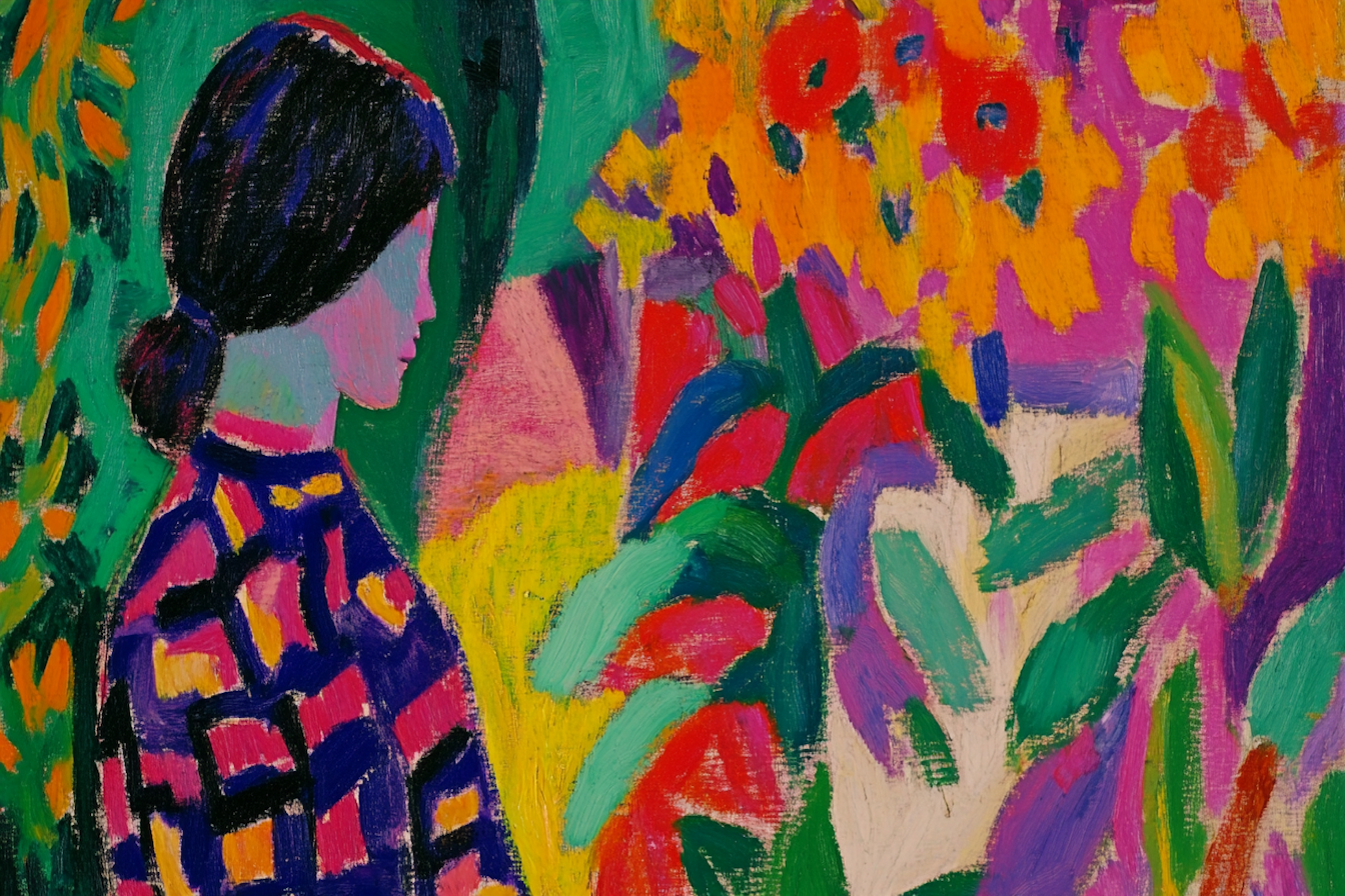 Fauvist portrait of woman and garden with bright expressive colors – 4K digital art for Samsung Frame TV