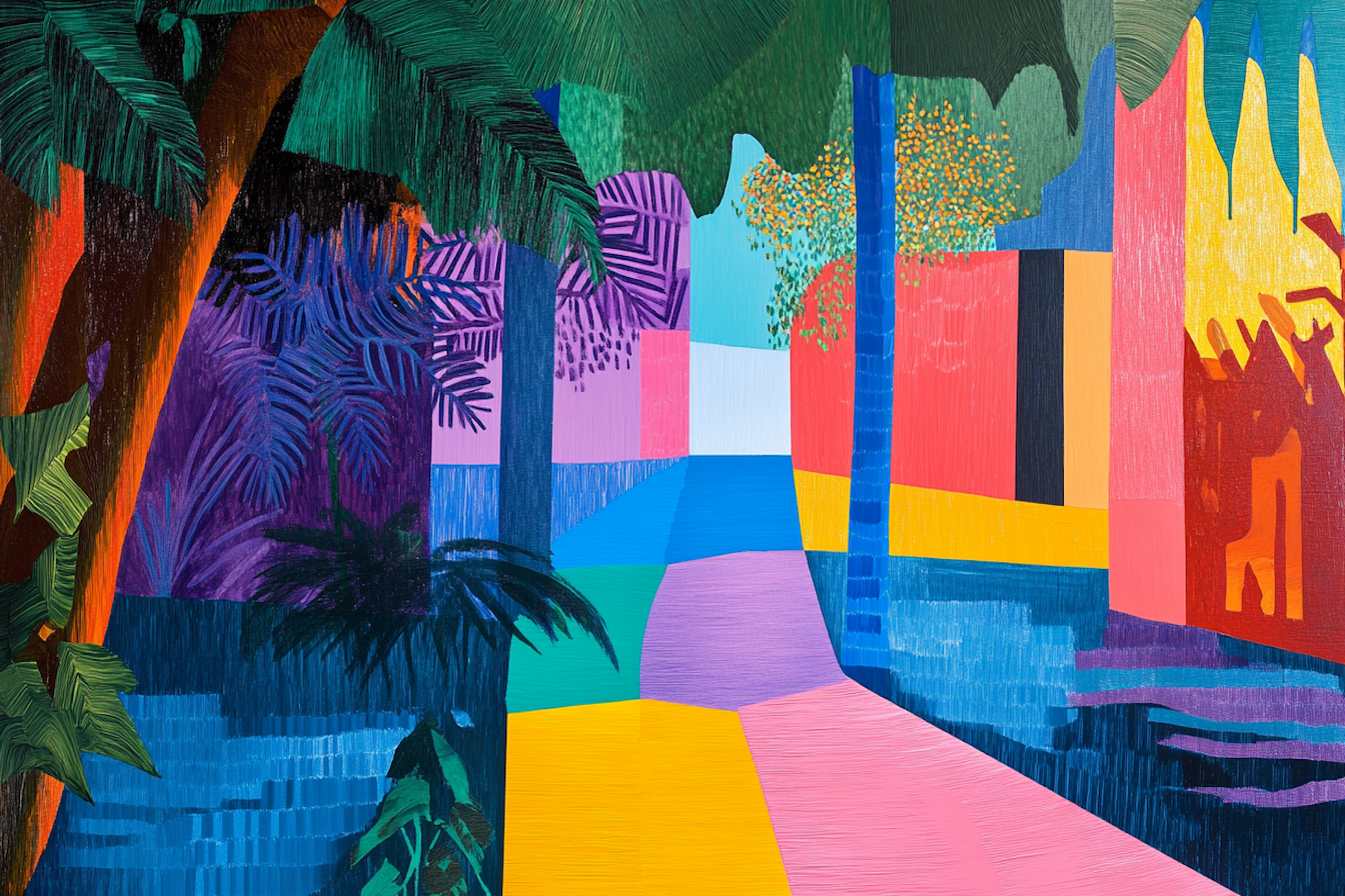 Bold patterns meeting lush jungle in striking geometric harmony – tropical digital masterpiece for Samsung Frame TV