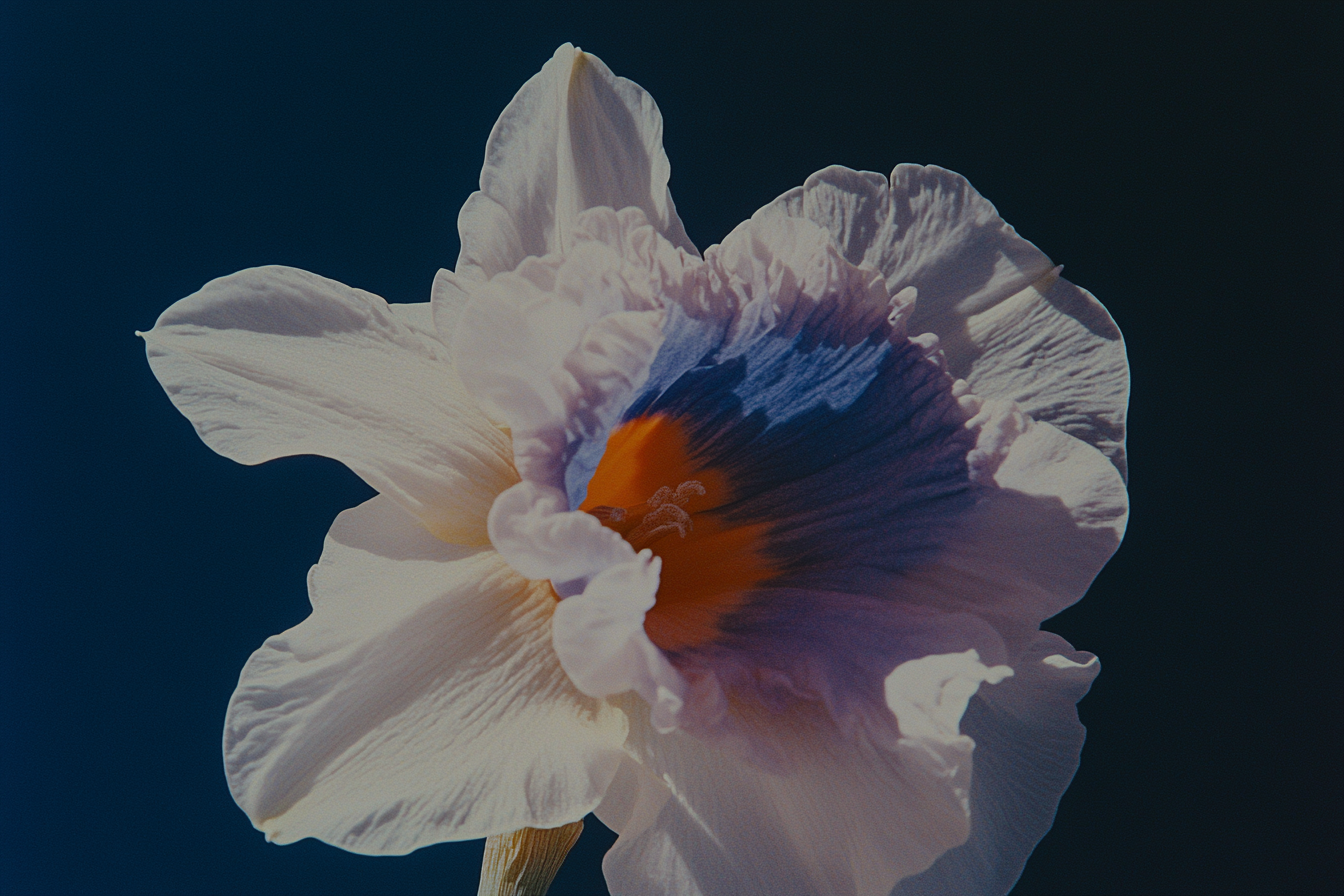 Elegant floral composition with white and purple petals against deep indigo background – 4K digital masterpiece for Samsung Frame TV