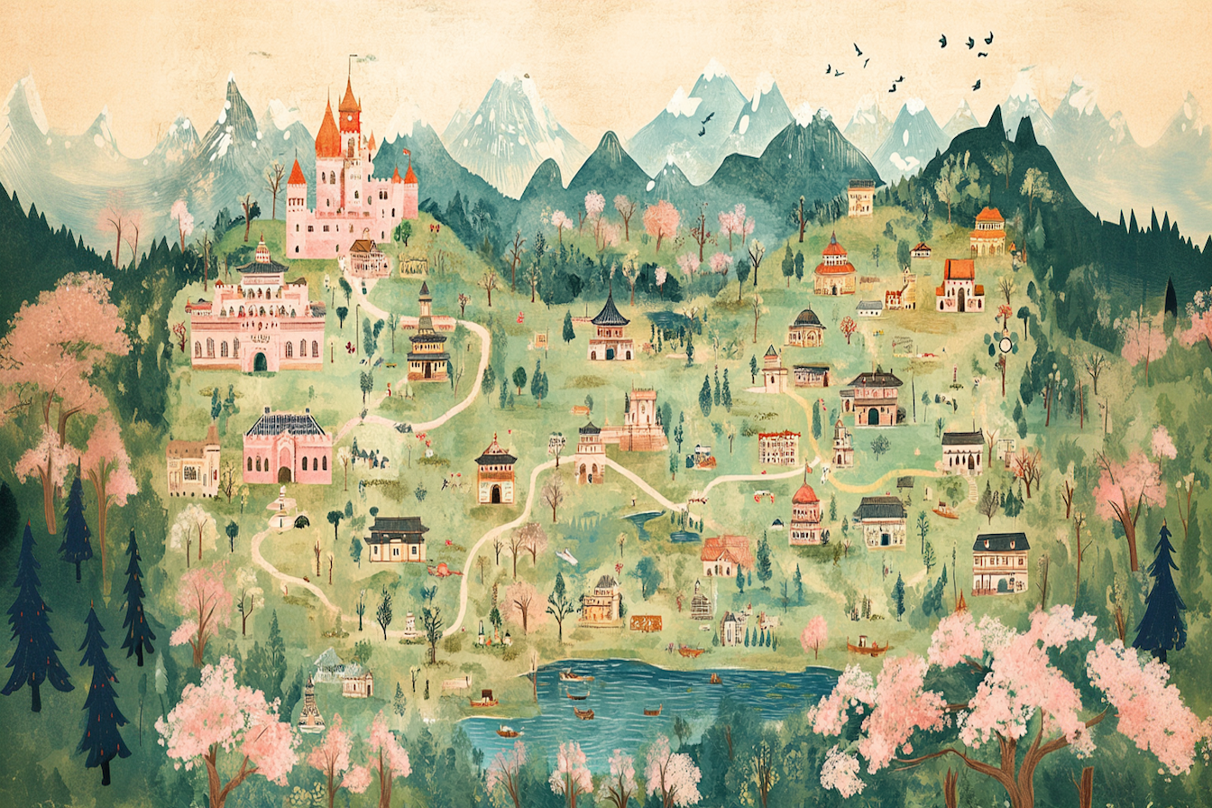 Dreamy storybook village illustration in soft pastels – whimsical 4K digital artwork for Samsung Frame TV