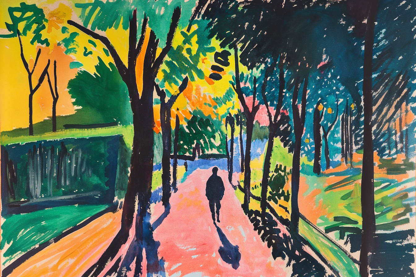 Golden hour impressionist park walk – serene nature-inspired 4K digital art for Samsung Frame TV