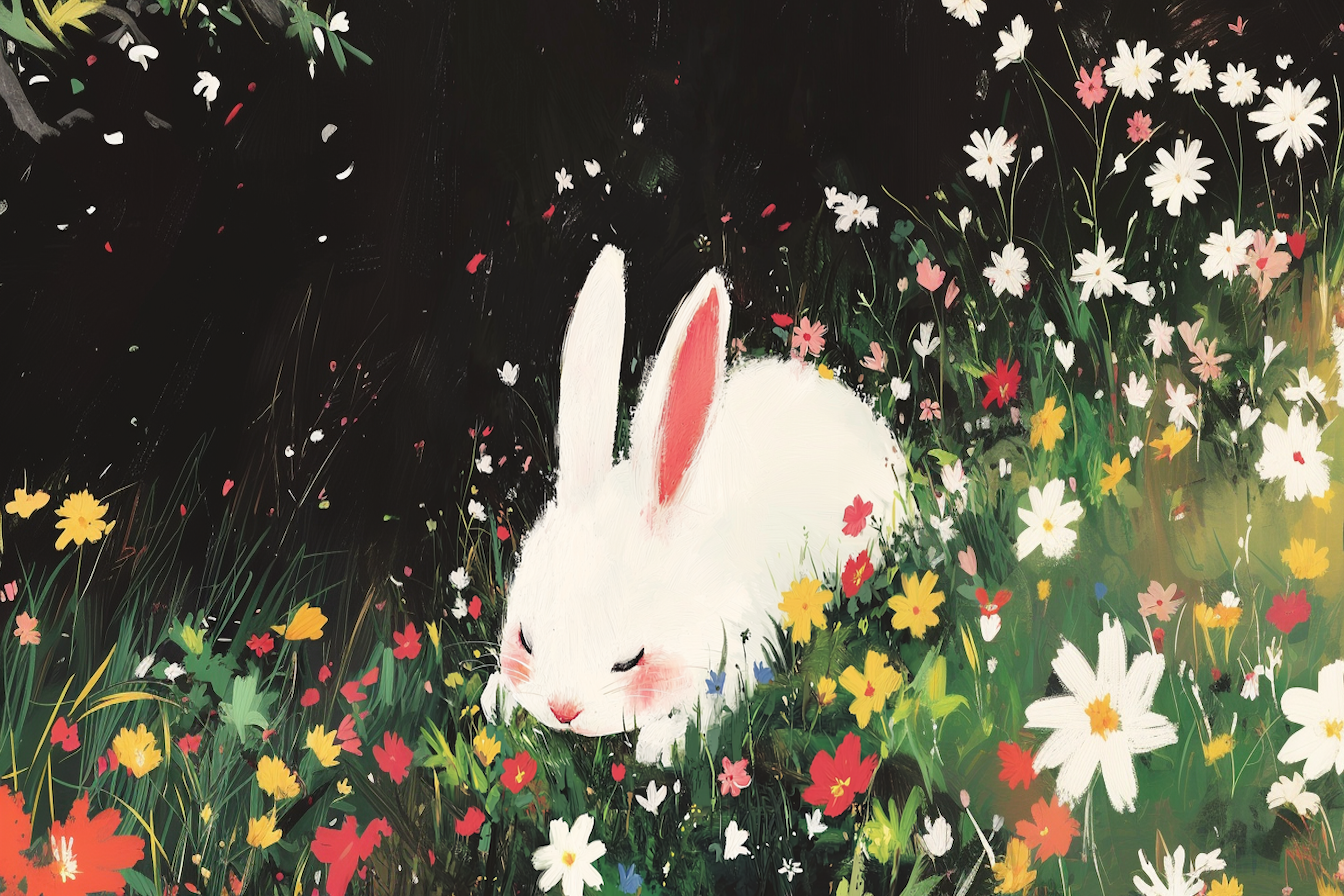 Soft bunny sleeping in wildflowers – heartwarming 4K digital art for Samsung Frame TV