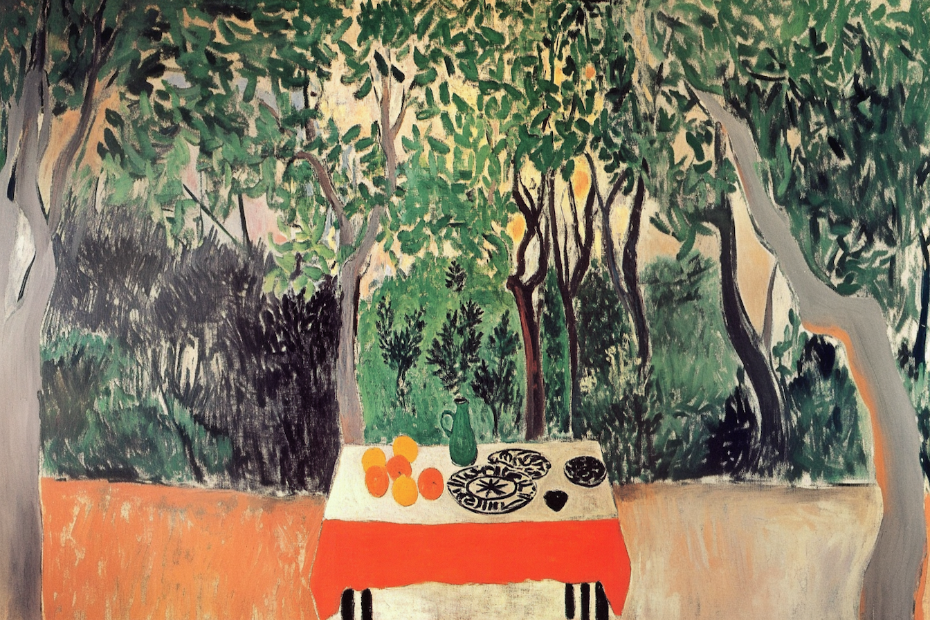 Fauvist garden scene with citrus grove table bringing summer vibes – 4K digital art for Samsung Frame TV