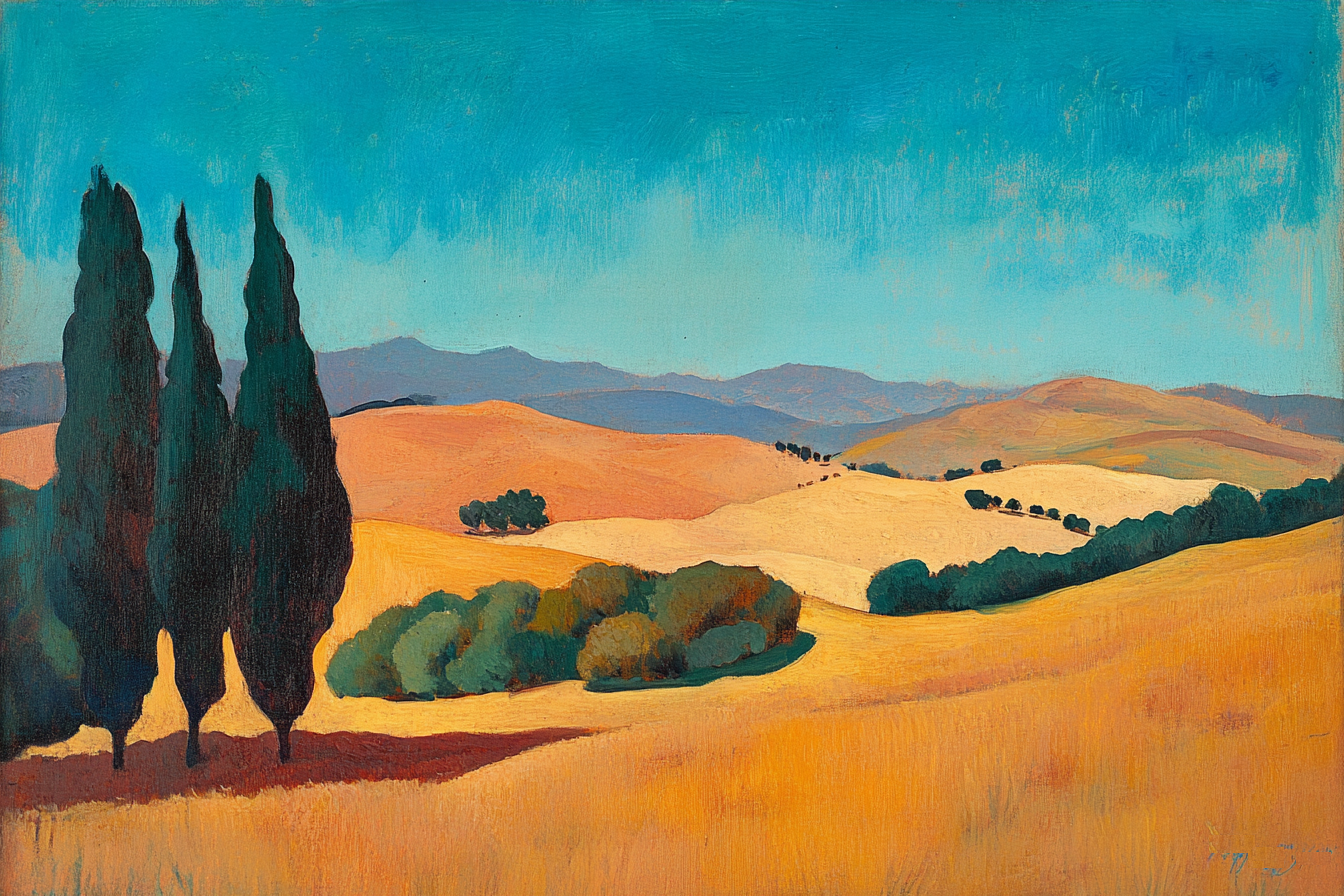 Radiant Tuscan landscape inspired by Edgar Payne and Paul Cézanne – digital art for Samsung Frame TV