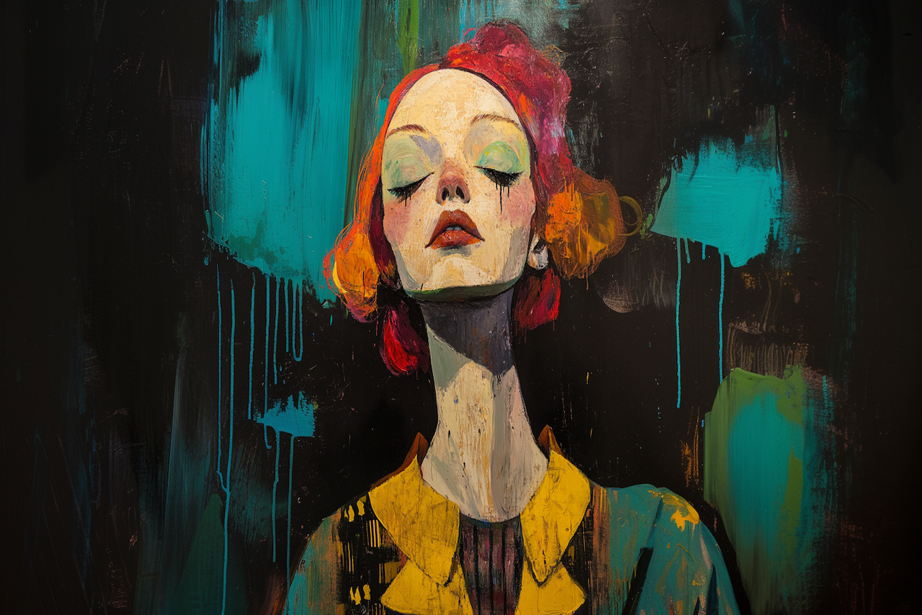 Surreal portrait blending vintage elegance with modern expressionism – bold 4K digital artwork for Samsung Frame TV