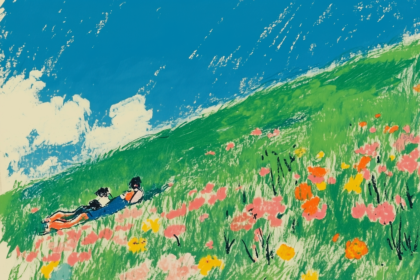 Anime-inspired romantic meadow scene with wildflowers and rolling hills – digital artwork for Samsung Frame TV