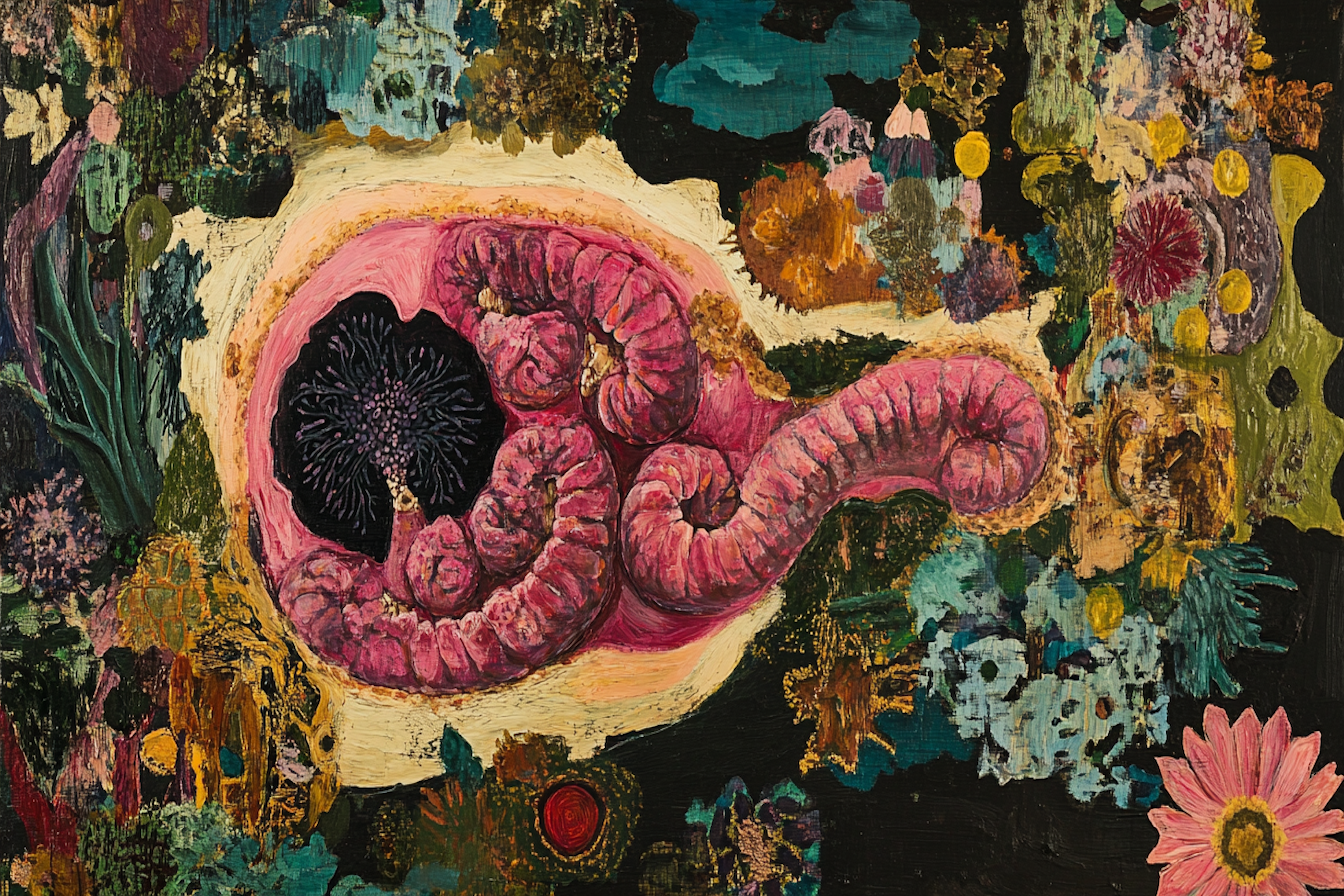 Surreal vintage-style botanical cross-section with pink organic forms surrounded by lush flowers – digital art for Samsung Frame TV