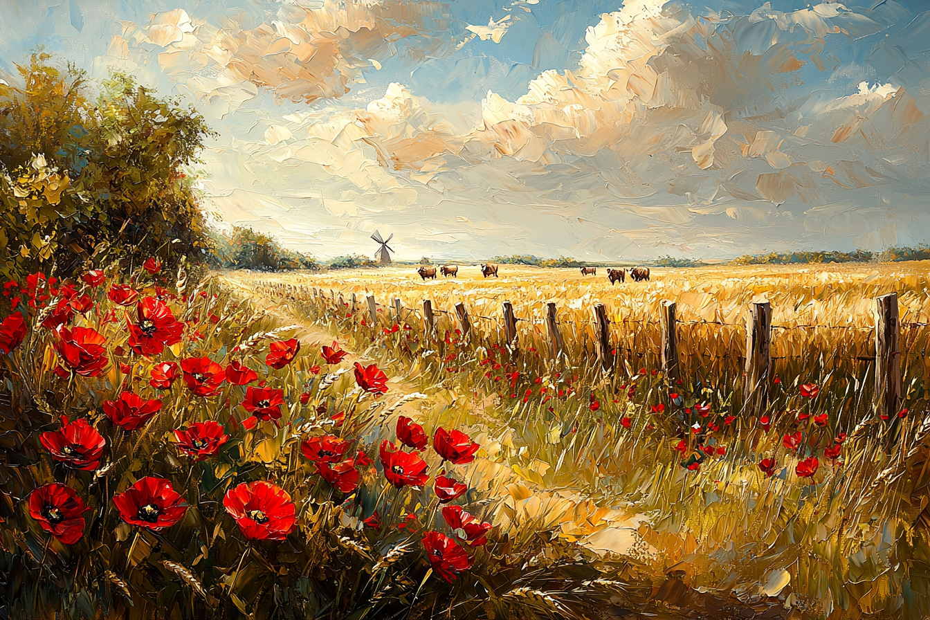 Rustic countryside poppy field scene with golden charm – 4K digital art for Samsung Frame TV