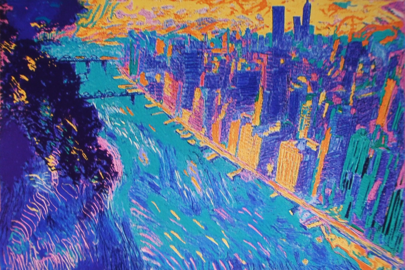 Striking abstract cityscape with electric blue, orange, and magenta hues – digital art for Samsung Frame TV