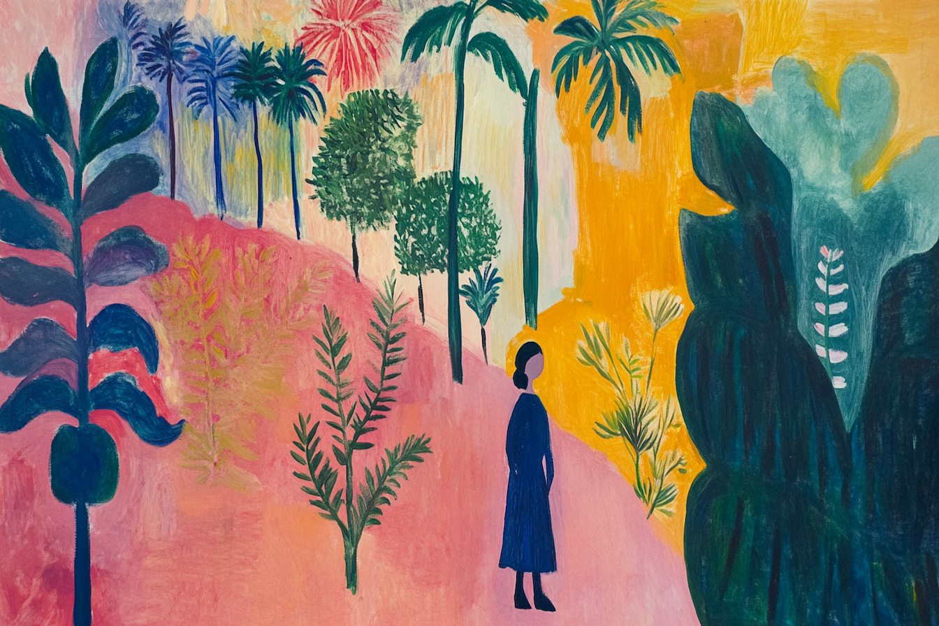 Bold pink, yellow, and green jungle paradise inspired by Matisse – expressive digital artwork for Samsung Frame TV